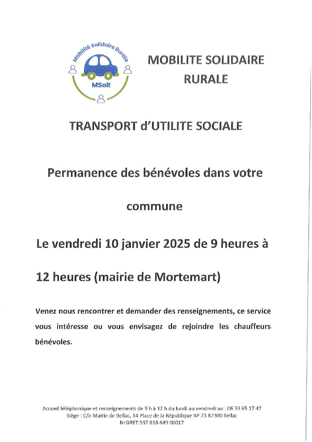 Permanence des bénévoles  de mobilité solidaire rurale le 10 janvier de 9 heures à 12 heures à la mairie